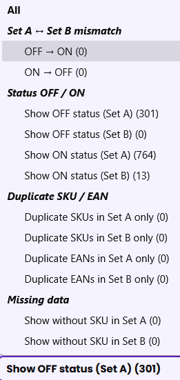 Orbilyn comparison filter list: status mismatches between set A and B, OFF/ON status, SKU/EAN duplicates, and missing-data filters with counts.