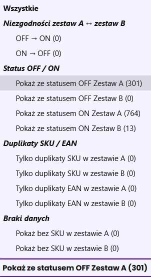 Lista filtrów porównania Orbilyn: niezgodności statusów zestaw A ↔ B, status OFF/ON, duplikaty SKU/EAN oraz braki danych z licznikami.